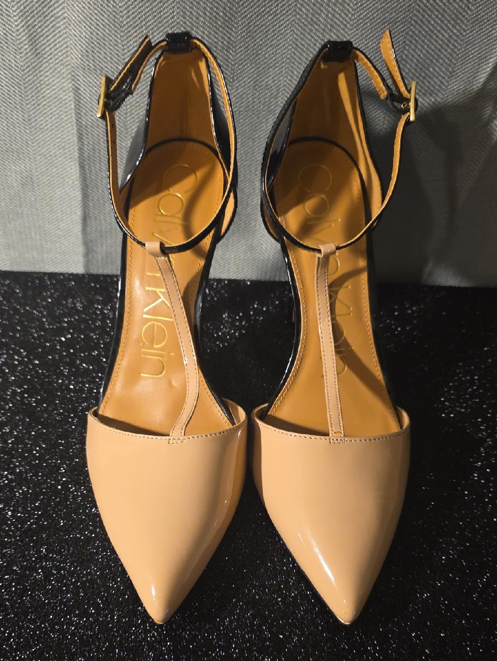Calvin Klein Beige Patent Pointed-Toe T-Strap Heels